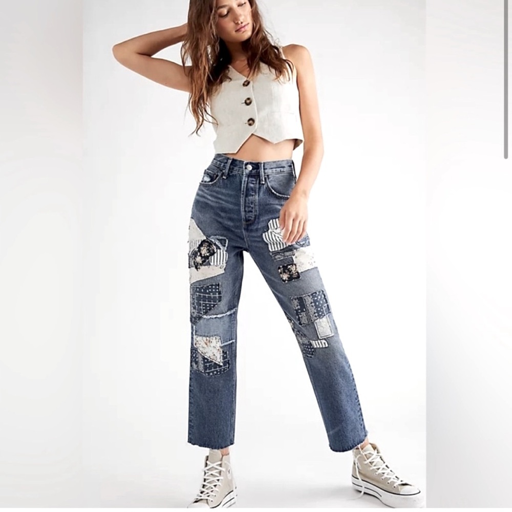 Driftwood Jordie Patchwork Button Fly Raw Hem Jeans size 28